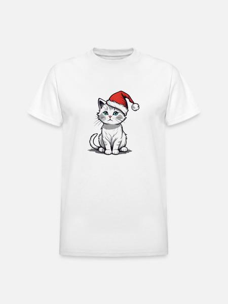 White Christmas Cat - Heavyweight Unisex T-Shirt by Gildan - white