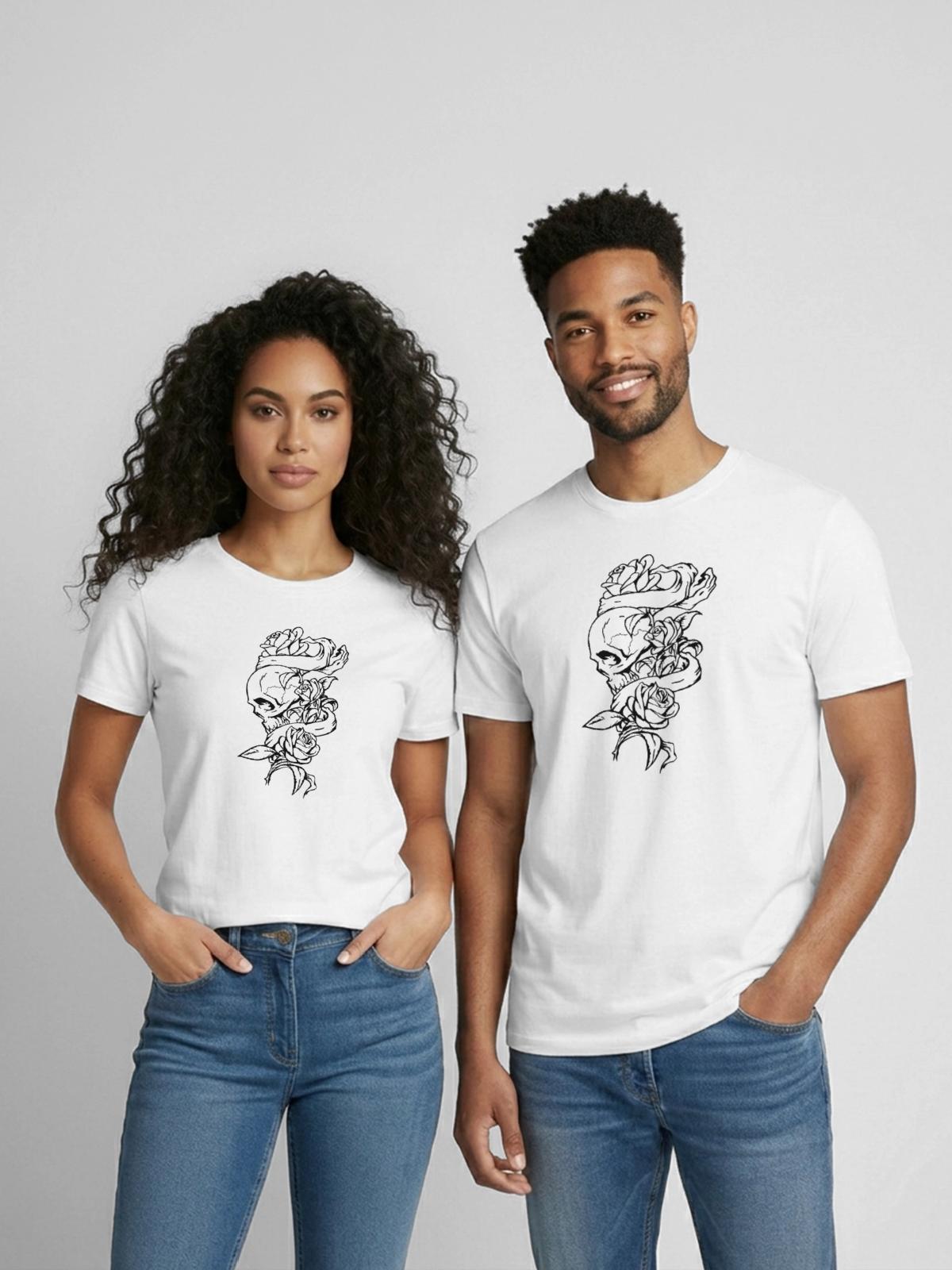 skullandrose - Heavyweight Unisex T-Shirt by Gildan - white - Front - AI Model Female 172 dark (172cm) & AI Model Male 185 dark (185cm)