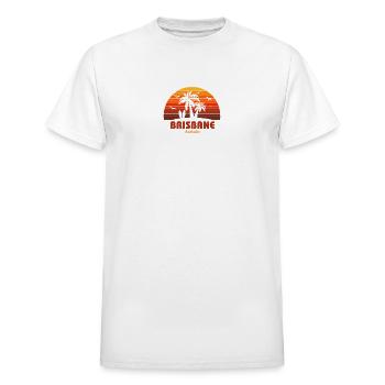 Cool Brisbane Australia Beach Sunset Souvenir - Heavyweight Unisex T-Shirt by Gildan - white - Front - AI Model Female 172 dark (172cm) & AI Model Male 185 dark (185cm)