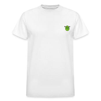 Shrek Embroidery Design Shrek - Heavyweight Unisex T-Shirt by Gildan - white - Front - AI Model Female 172 dark (172cm) & AI Model Male 185 dark (185cm)