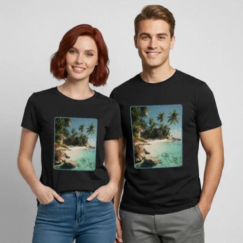 Serene Tropical Beach Floral Design - Heavyweight Unisex T-Shirt by Gildan