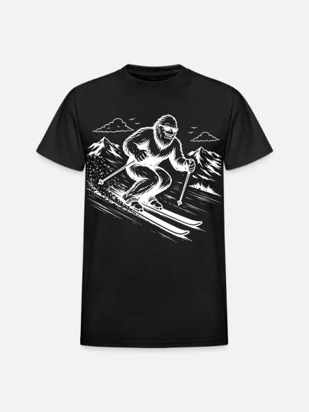 Bigfoot Sasquatch Skier in the Mountains - Heavyweight Unisex T-Shirt by Gildan - black