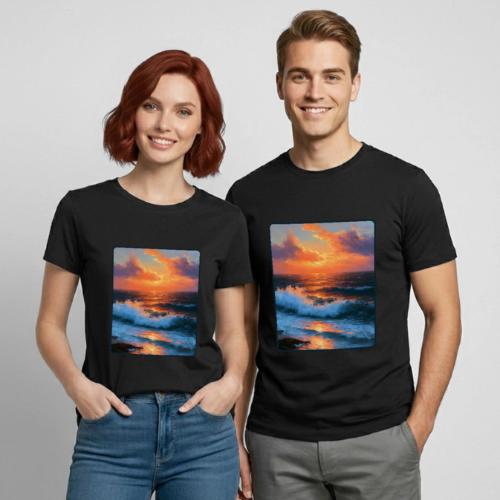 Sunset Storm Waves Oil Painting - Heavyweight Unisex T-Shirt by Gildan