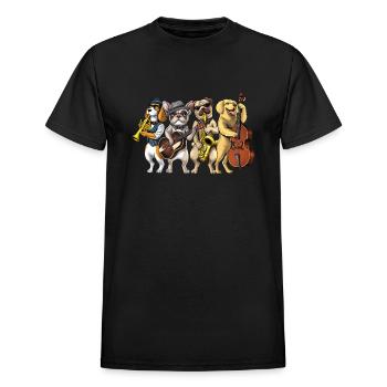 Dogs Jazz Musicians - Heavyweight Unisex T-Shirt by Gildan - black - Front - AI Model Female 172 light (172cm) & AI Model Male 178 light (178cm)