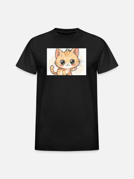 Waving Kawaii Orange Tabby - Heavyweight Unisex T-Shirt by Gildan - black