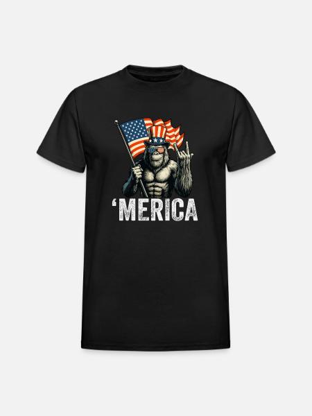 Bigfoot Merica Rock American Flag - Heavyweight Unisex T-Shirt by Gildan - black