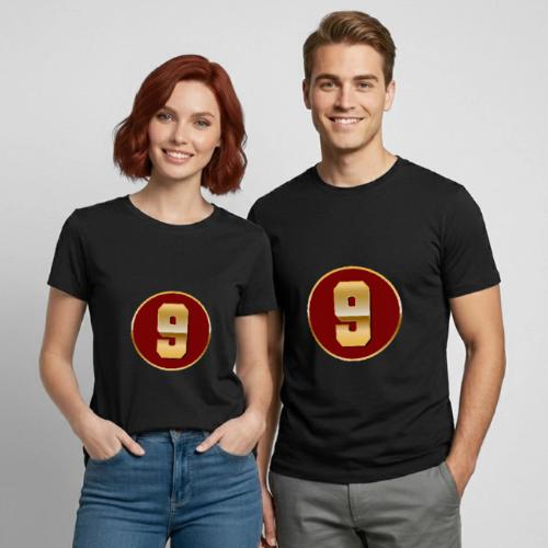 Number 9 in Gold Varsity Font - Heavyweight Unisex T-Shirt by Gildan