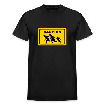 Running Family / Running Immigrants Sign - Heavyweight Unisex T-Shirt by Gildan - black - Front - AI Model Female 172 light (172cm) & AI Model Male 178 light (178cm)
