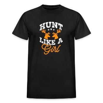 Hunt Like A Girl - Heavyweight Unisex T-Shirt by Gildan - black - Front - AI Model Female 172 light (172cm) & AI Model Male 178 light (178cm)