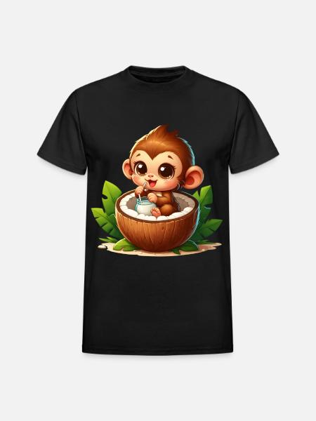 Monkey Relaxing Inside Coconut - Heavyweight Unisex T-Shirt by Gildan - black