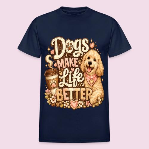 Dogs Make Life Better | Faux Embroidery Style - Heavyweight Unisex T-Shirt by Gildan
