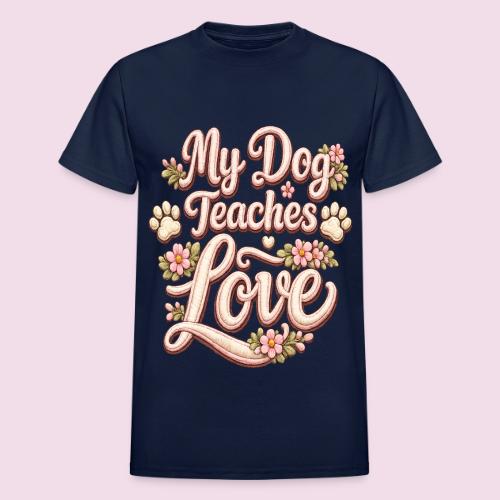 My Dog Teaches Love Faux Embroidery Style - Heavyweight Unisex T-Shirt by Gildan