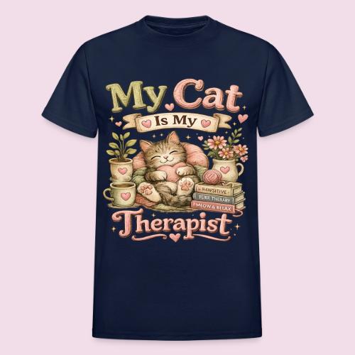 Flux Faux Embroidery My Cat Is My Therapist Design - Heavyweight Unisex T-Shirt by Gildan