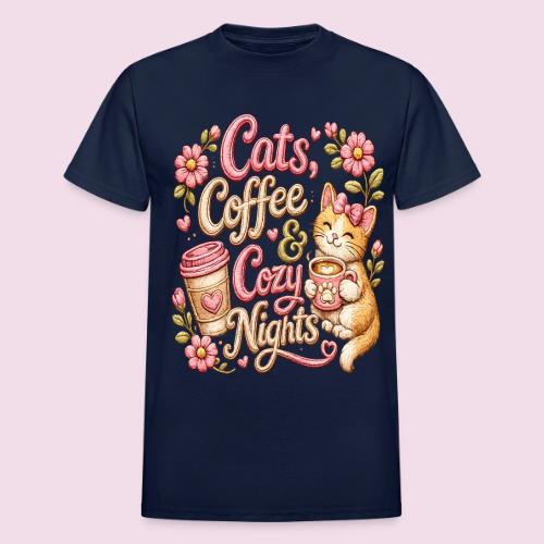 Cats, Coffee & Cozy Nights Faux Stitched Design - Heavyweight Unisex T-Shirt by Gildan