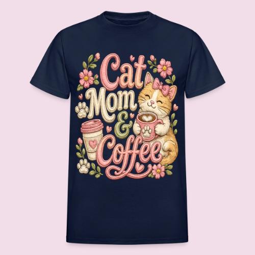 Cat Mom & Coffee Faux Stitched Cat Lover Design - Heavyweight Unisex T-Shirt by Gildan