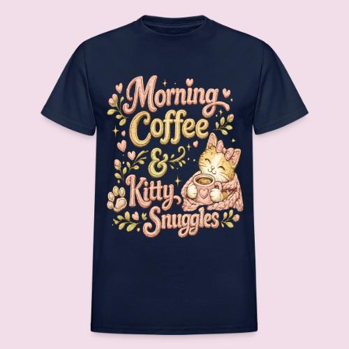 Morning Coffee & Kitty Snuggles Faux Stitched - Heavyweight Unisex T-Shirt by Gildan