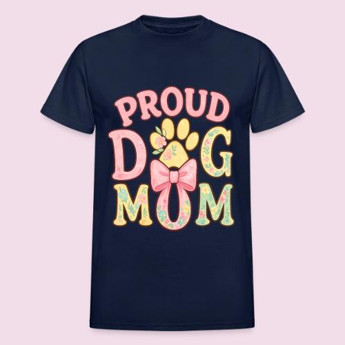 Proud Dog Mom Floral Paw Bow - Heavyweight Unisex T-Shirt by Gildan