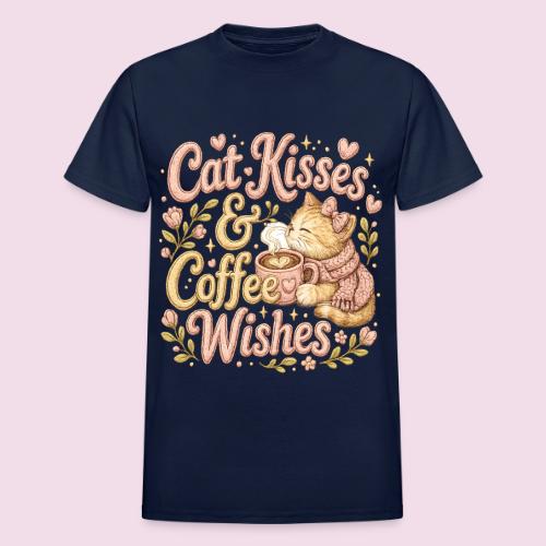 Cat Kisses & Coffee Wishes Faux Stitched - Heavyweight Unisex T-Shirt by Gildan