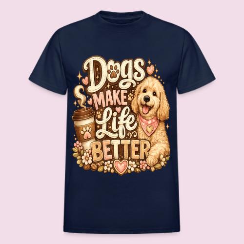 Dogs Make Life Better | Faux Embroidery Style - Heavyweight Unisex T-Shirt by Gildan