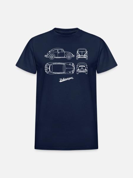 Volkswagen VW Blueprint Beetle White With VW Logo - Heavyweight Unisex T-Shirt by Gildan - navy