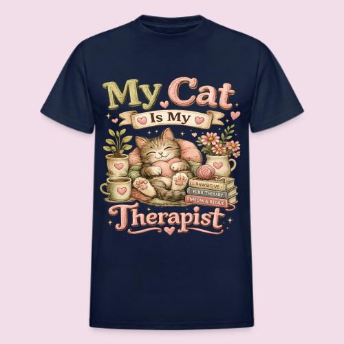 Flux Faux Embroidery My Cat Is My Therapist Design - Heavyweight Unisex T-Shirt by Gildan