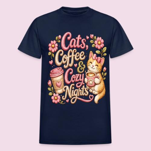 Cats, Coffee & Cozy Nights Faux Stitched Design - Heavyweight Unisex T-Shirt by Gildan