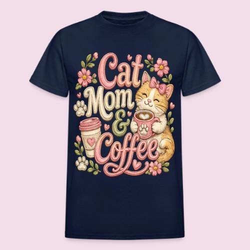 Cat Mom & Coffee Faux Stitched Cat Lover Design - Heavyweight Unisex T-Shirt by Gildan