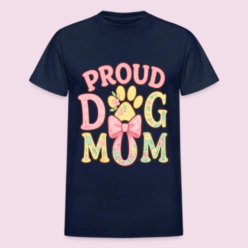 Proud Dog Mom Floral Paw Bow - Heavyweight Unisex T-Shirt by Gildan