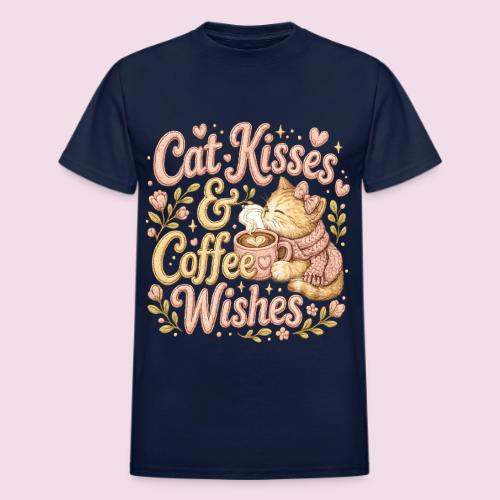 Cat Kisses & Coffee Wishes Faux Stitched - Heavyweight Unisex T-Shirt by Gildan
