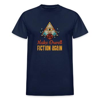 Make Orwell Fiction Again: Dystopian Politics - Heavyweight Unisex T-Shirt by Gildan - navy - Front - AI Model Female 172 light (172cm) & AI Model Male 178 light (178cm)