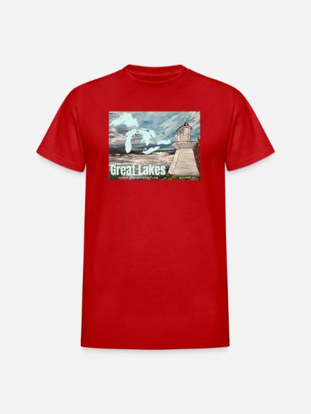 Great Lakes Lighthouse Poster - Heavyweight Unisex T-Shirt by Gildan - red