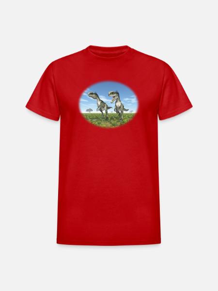 Monolophosaurus in a Prehistoric Landscape - Heavyweight Unisex T-Shirt by Gildan - red