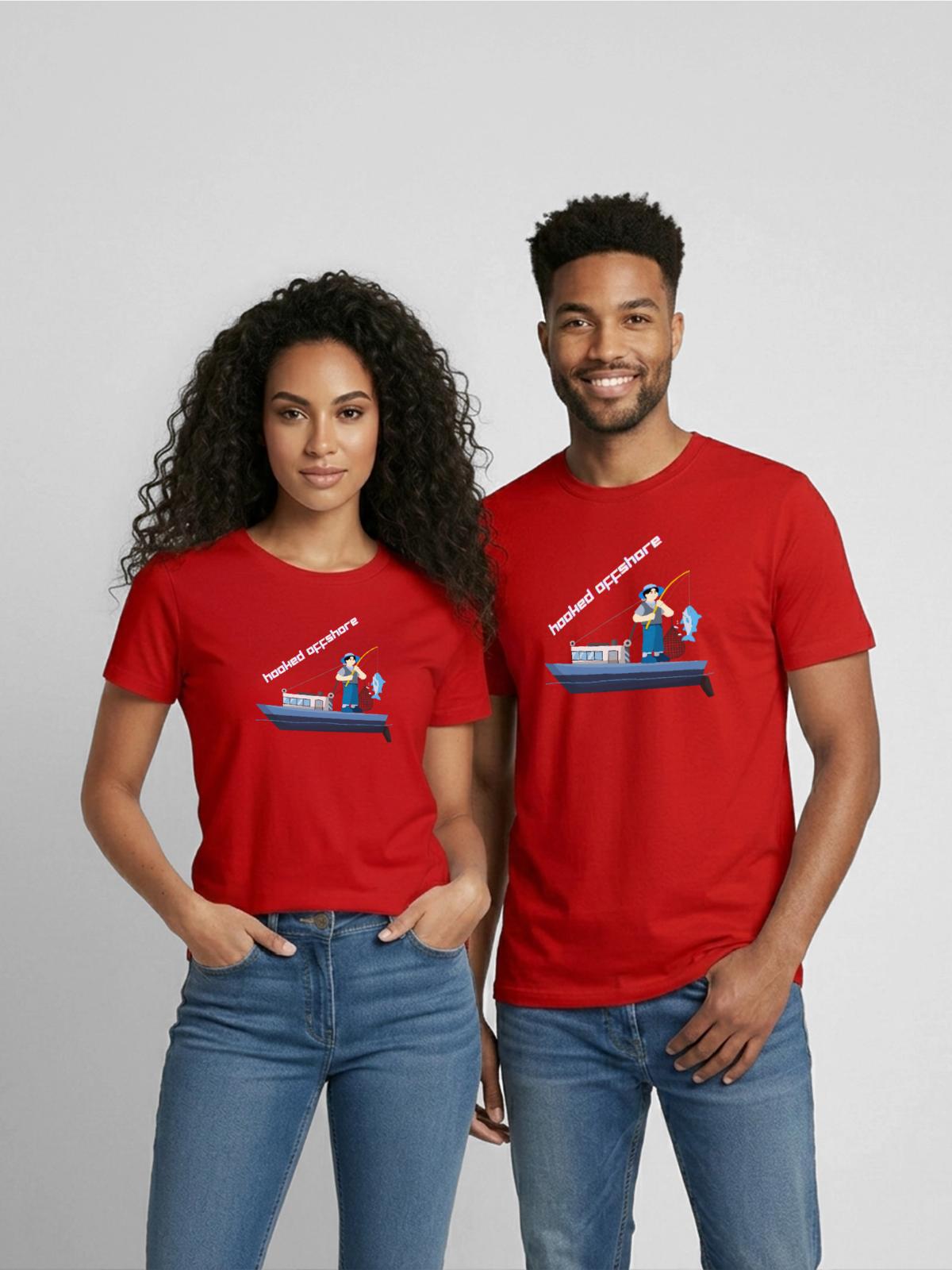 Hooked_Offshore - Heavyweight Unisex T-Shirt by Gildan - red - Front - AI Model Female 172 dark (172cm) & AI Model Male 185 dark (185cm)