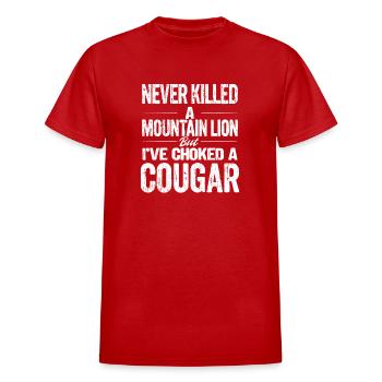 Never Killed A Mountain Lion But I ve Choked A - Heavyweight Unisex T-Shirt by Gildan - red - Front - AI Model Female 172 dark (172cm) & AI Model Male 185 dark (185cm)
