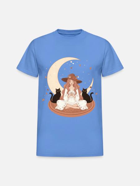 Enchanted Autumn Witch & Moonlight - Heavyweight Unisex T-Shirt by Gildan - carolina blue