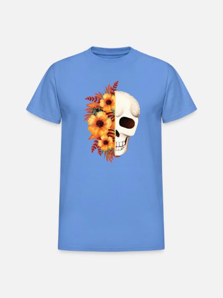 Floral Skull Split - Heavyweight Unisex T-Shirt by Gildan - carolina blue