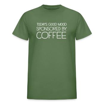 Today's good mood sponsored by coffee - Heavyweight Unisex T-Shirt by Gildan - military green - Front - AI Model Female 172 dark (172cm) & AI Model Male 185 dark (185cm)