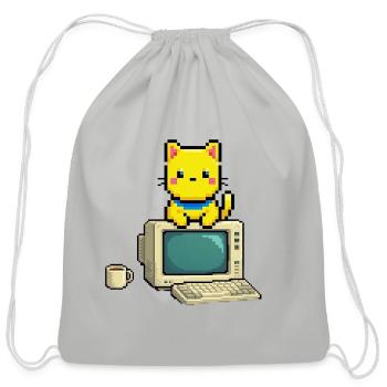 Pixel Cat on Retro Computer - Cotton Drawstring Bag - Light Grey - Front