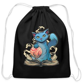 Mystic Blue Cat Magic Book Wizard Fantasy Art - Cotton Drawstring Bag - black - Front