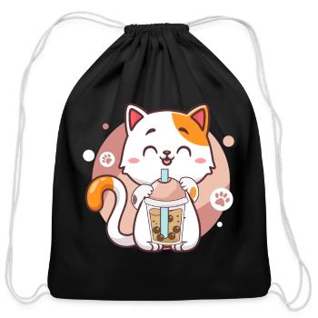 Playful Cat with Bubble Tea Design - Cotton Drawstring Bag - black - Front