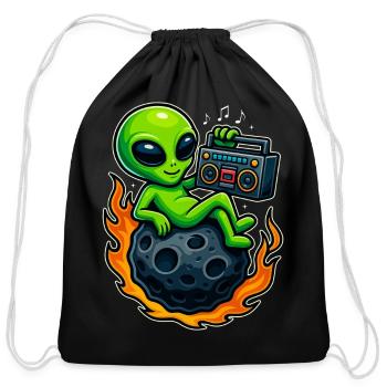Funny Alien Boombox Riding a Meteor Space Music - Cotton Drawstring Bag - black - Front