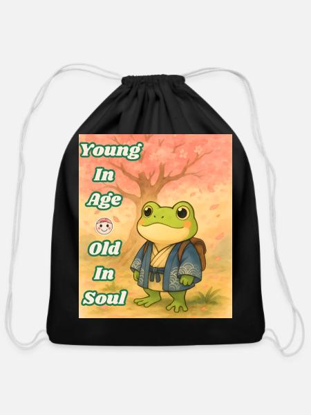 Young In Age Old In Soul Retro Frog Aesthetic Art - Cotton Drawstring Bag - black