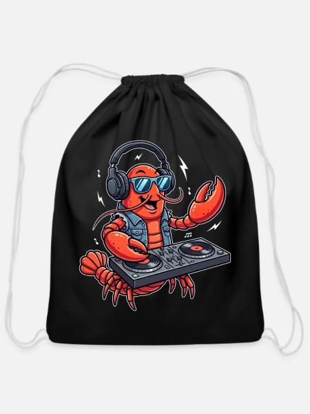 Funny DJ Lobster Music Mixer Turntable Cartoon - Cotton Drawstring Bag - black