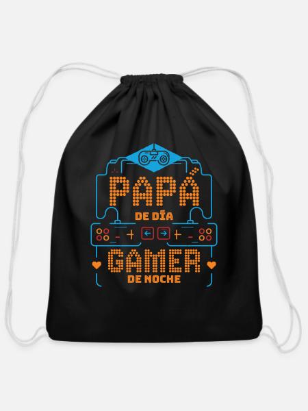 In Spanish: Papá de Día Gamer de Noche - Cotton Drawstring Bag - black