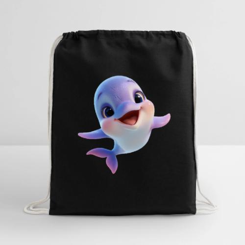 Purple-White Smiling Baby Dolphin - Cotton Drawstring Bag