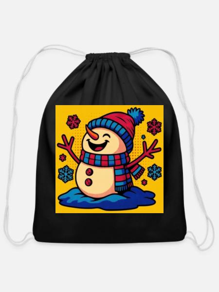 Smiling Pop Art Snowman - Cotton Drawstring Bag - black