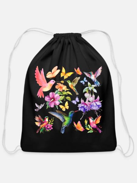 Watercolor Hummingbirds & Tropical Flowers - Cotton Drawstring Bag - black