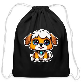 Chibi Pup with Blue Gem Collar - Cotton Drawstring Bag - black - Front