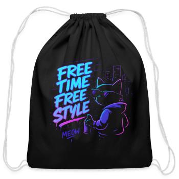 Free Time Free Style Neon Graffiti Cat - Cotton Drawstring Bag - black - Front
