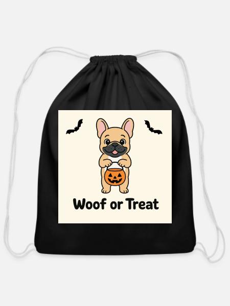 Woof or Treat Cute Halloween Dog Design - Cotton Drawstring Bag - black